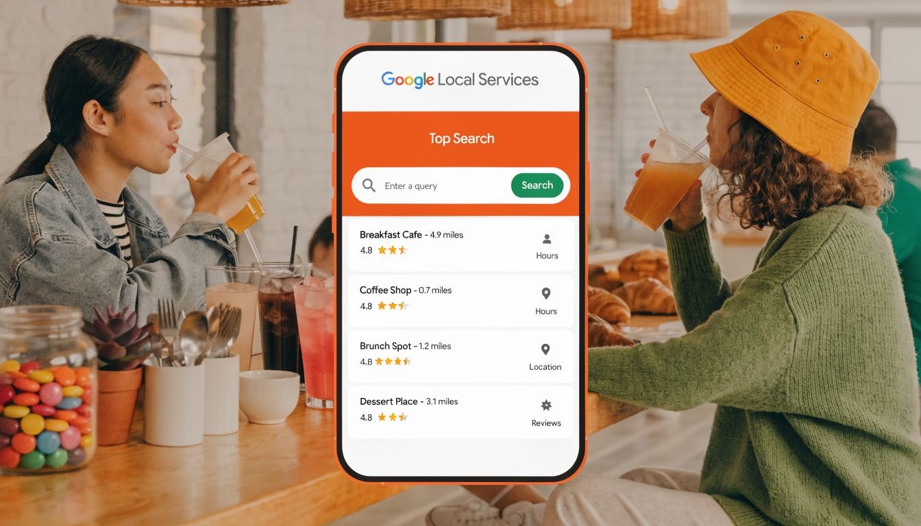 A smartphone screen displaying the Google Local Services interface with search results for nearby cafes and restaurants.