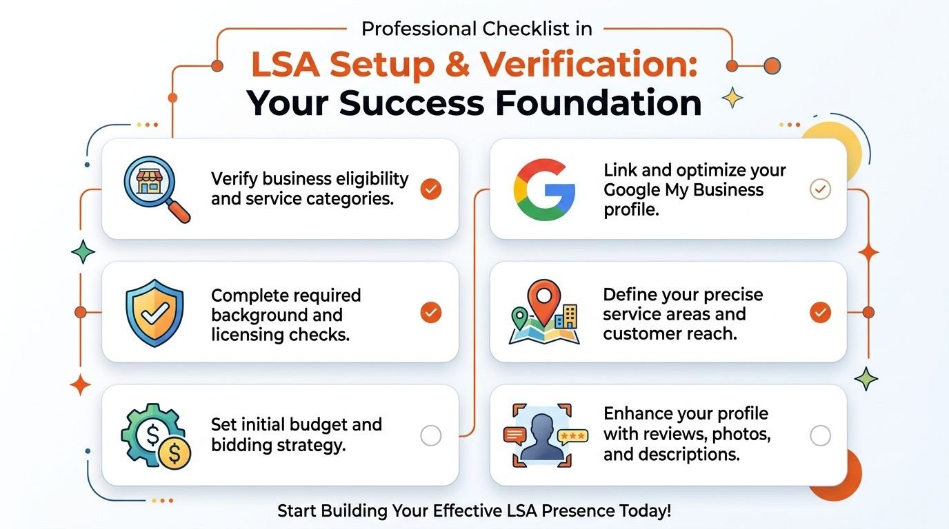 A professional checklist infographic detailing the necessary steps for setting up and verifying Google Local Services Ads.