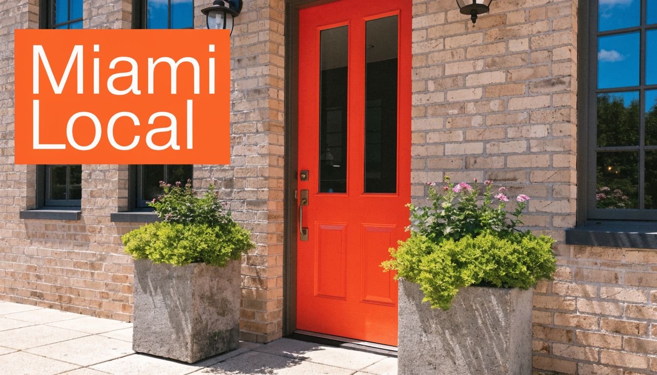 A vibrant red front door stands out against a light brick exterior house with two large planters.