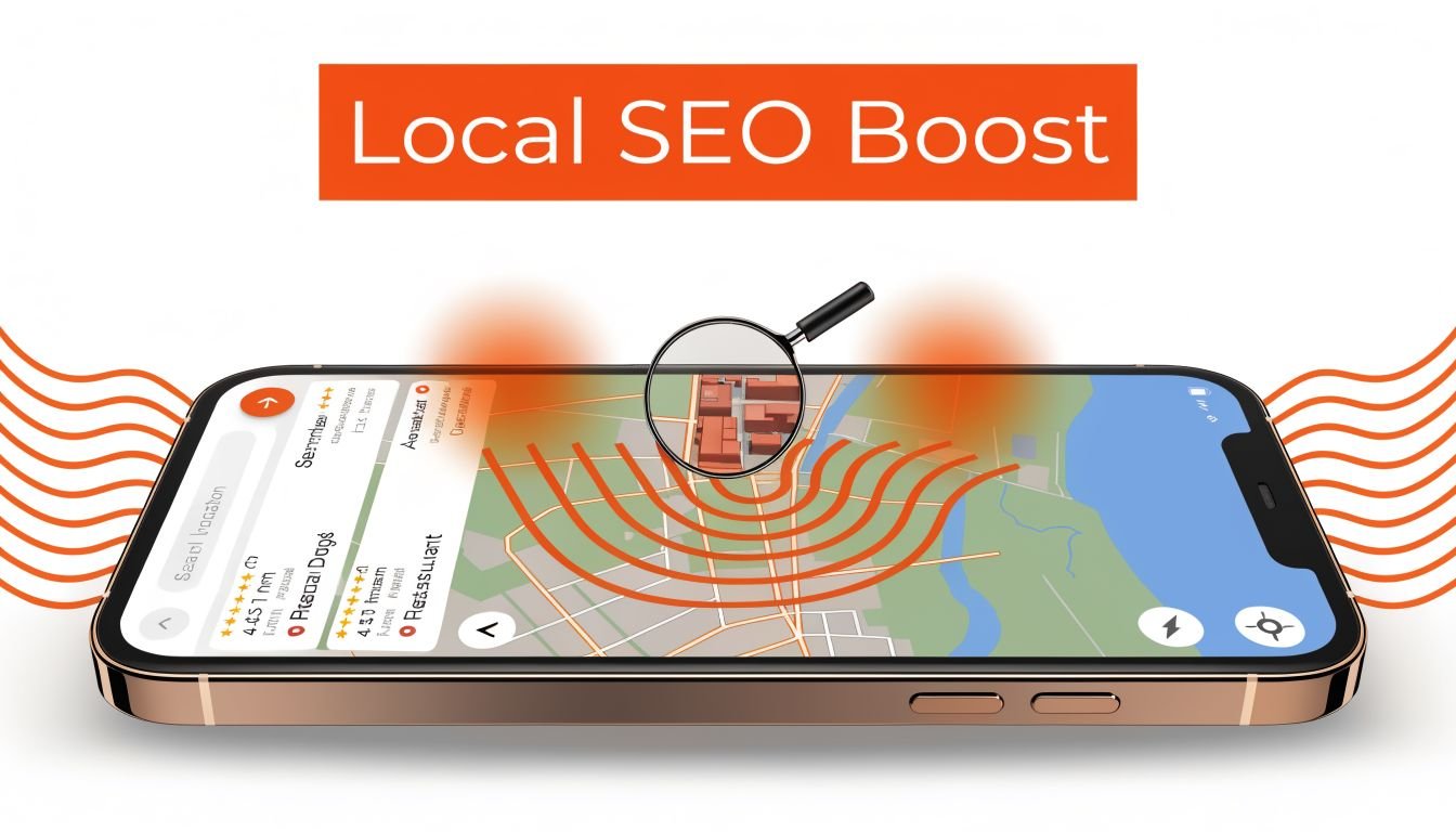 A smartphone screen displaying a local map interface with search results, emphasizing digital local SEO optimization strategies.