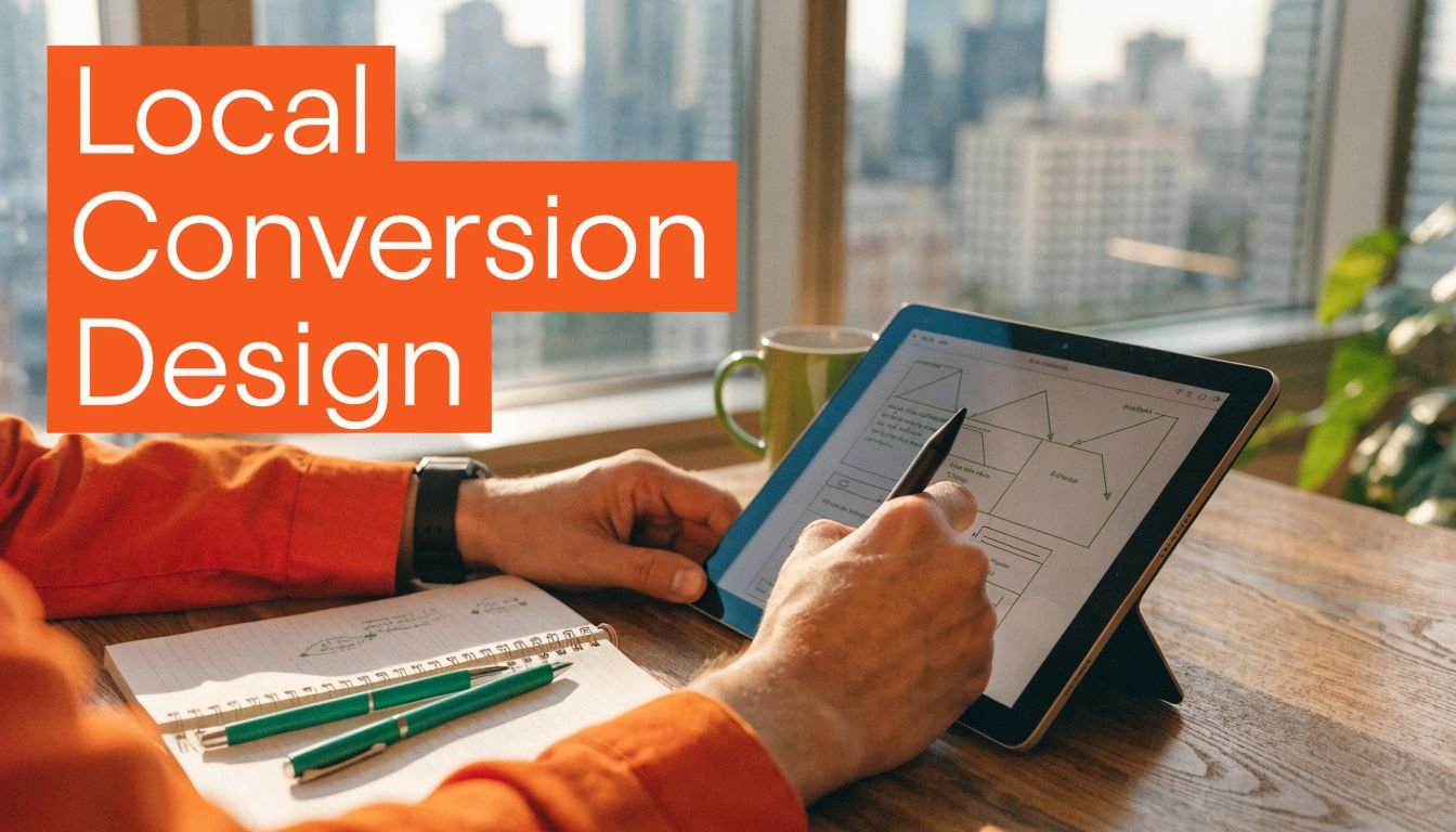 A person designing a website layout on a tablet while sitting at a wooden desk.