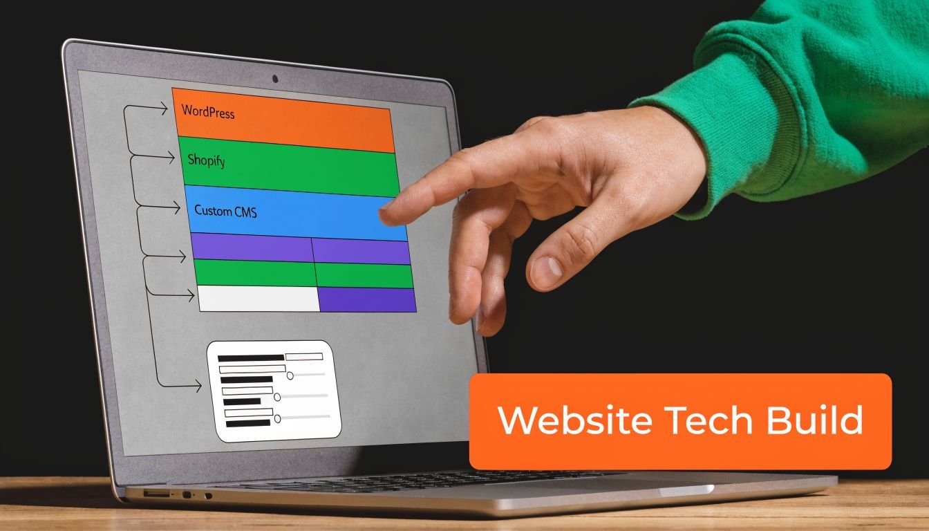 A hand points at a laptop screen displaying a diagram of various website technology building platforms.