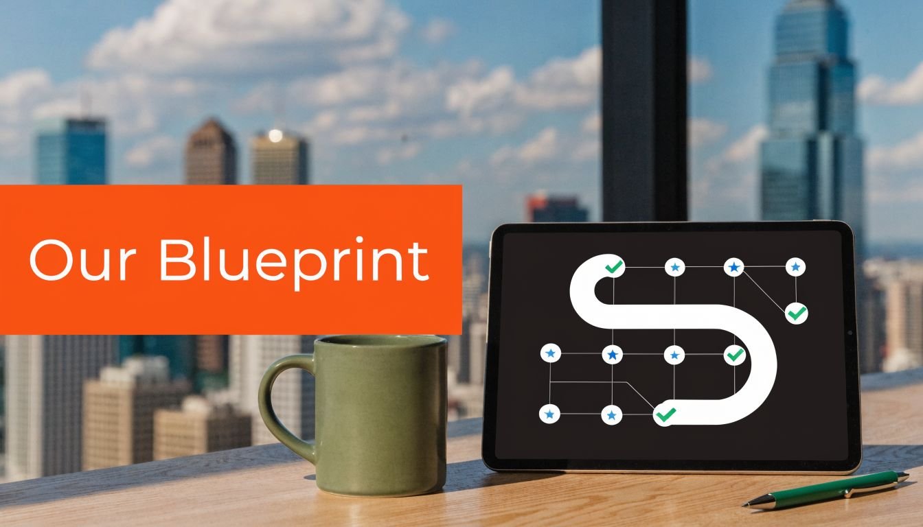 A digital tablet displaying a project roadmap or blueprint infographic sits on a desk with a coffee mug.