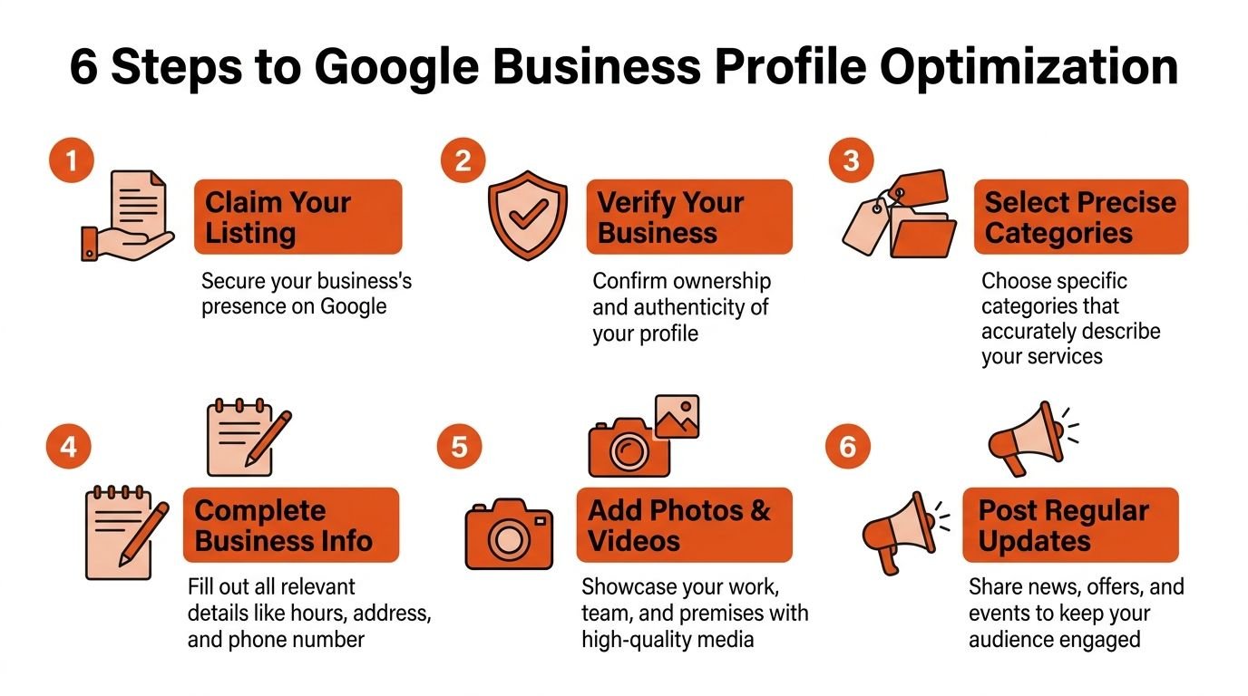 An infographic illustrating six essential steps for optimizing a Google Business Profile to improve local search visibility.