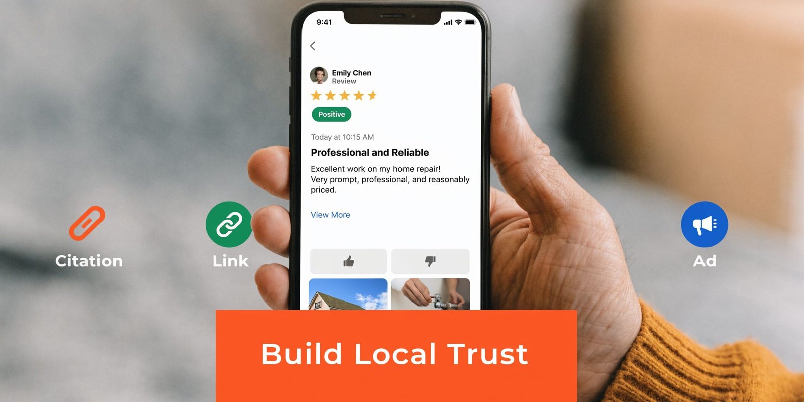 A hand holding a smartphone displaying a positive five-star customer review for a home repair service.