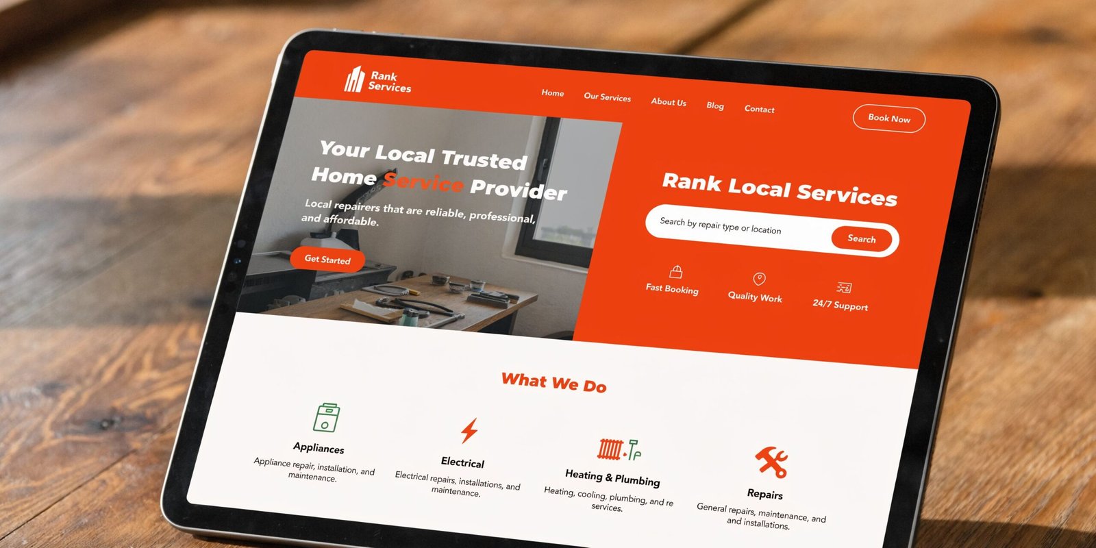 A digital tablet displaying a website for a local home services provider with booking and search features.