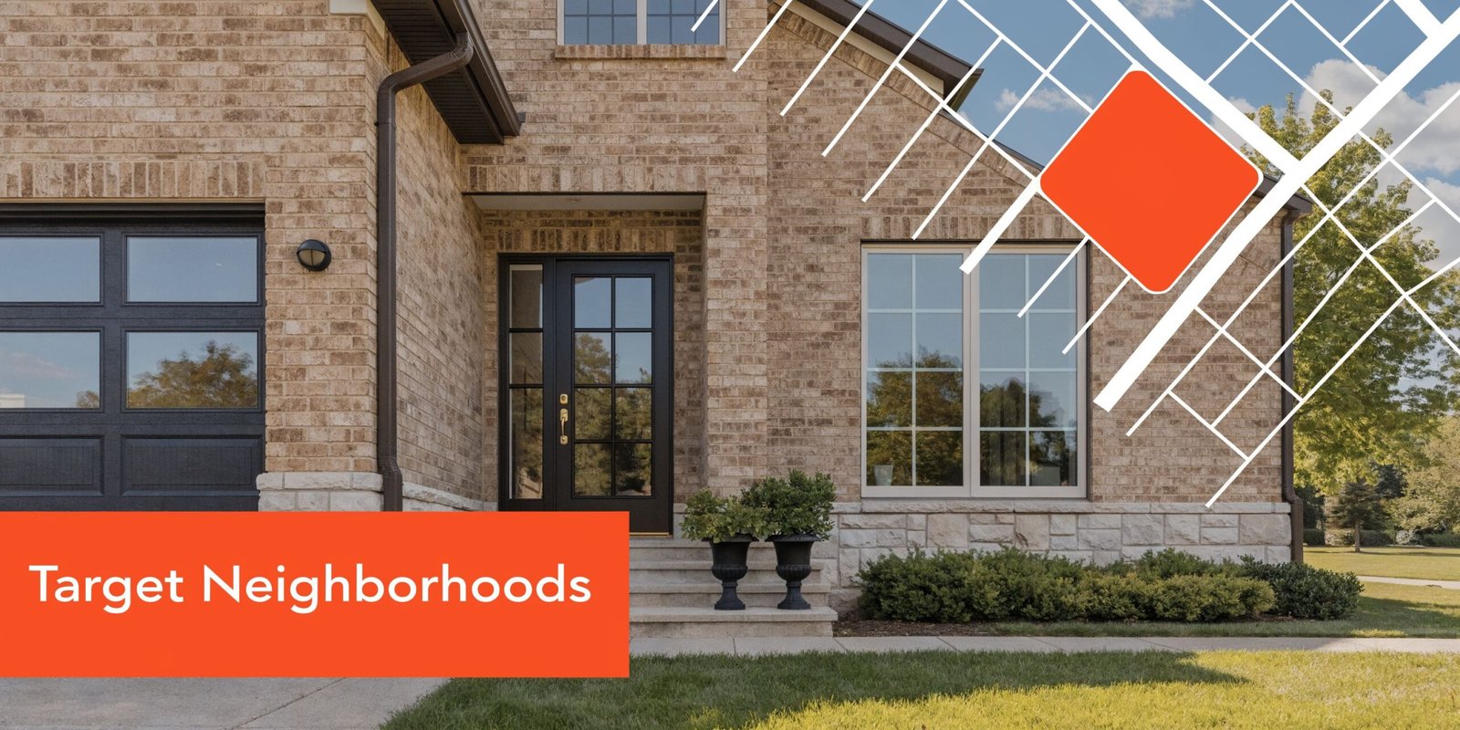 A modern brick suburban home with a front entrance and a target neighborhood map overlay graphic.