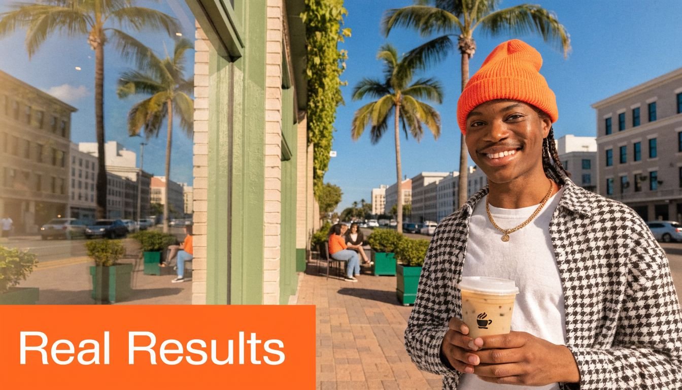 A smiling young man wearing an orange beanie holding an iced coffee in front of a street.