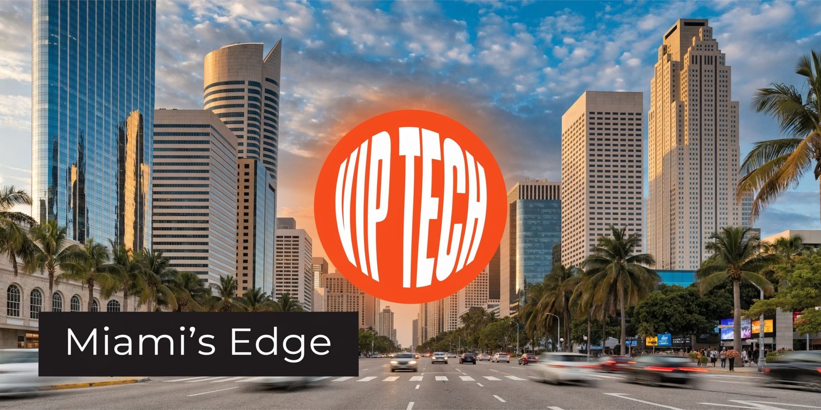 A bustling street in Miami featuring modern high-rise architecture with a VIP Tech company logo overlaid.