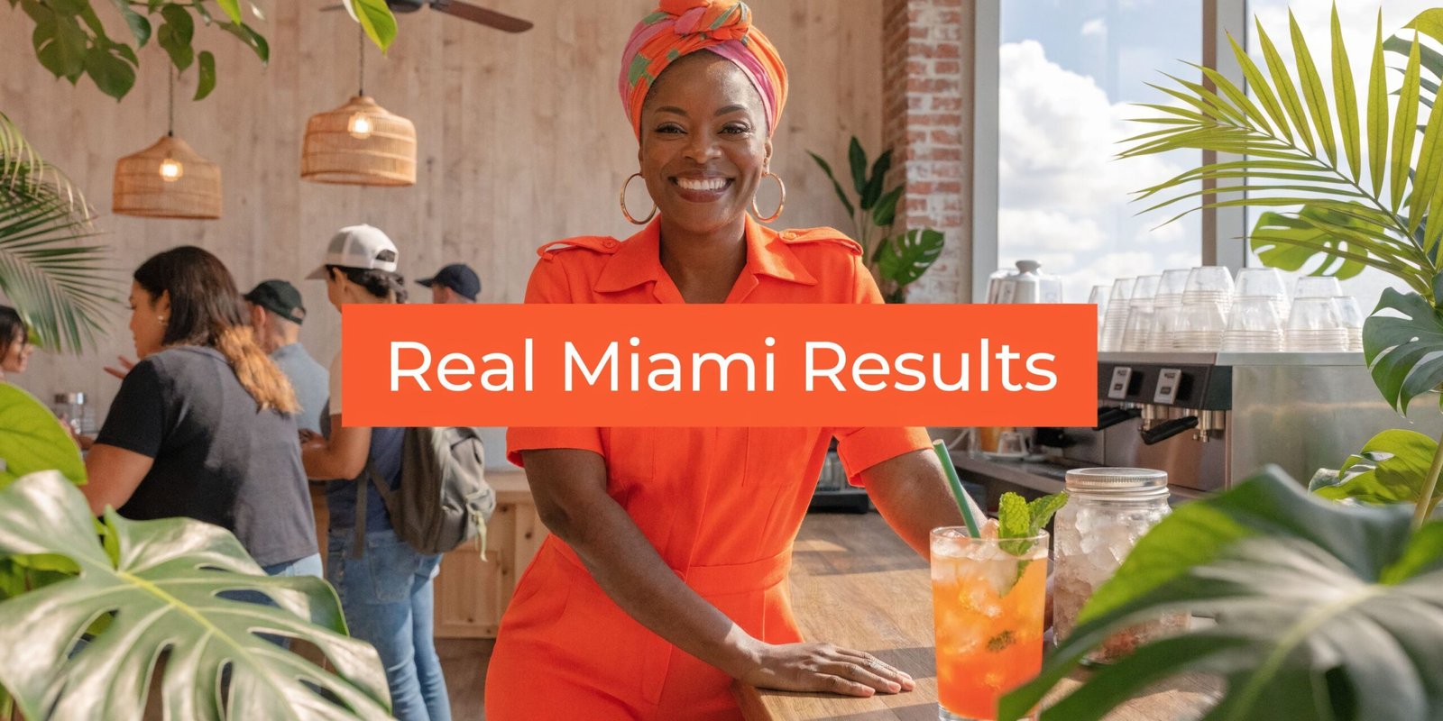 A smiling woman in an orange outfit stands behind a counter at a bright, tropical-themed coffee shop.