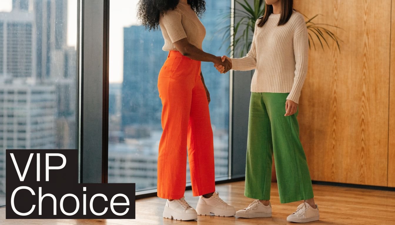 Two professional women wearing colorful business casual attire shaking hands in a modern office with city views.