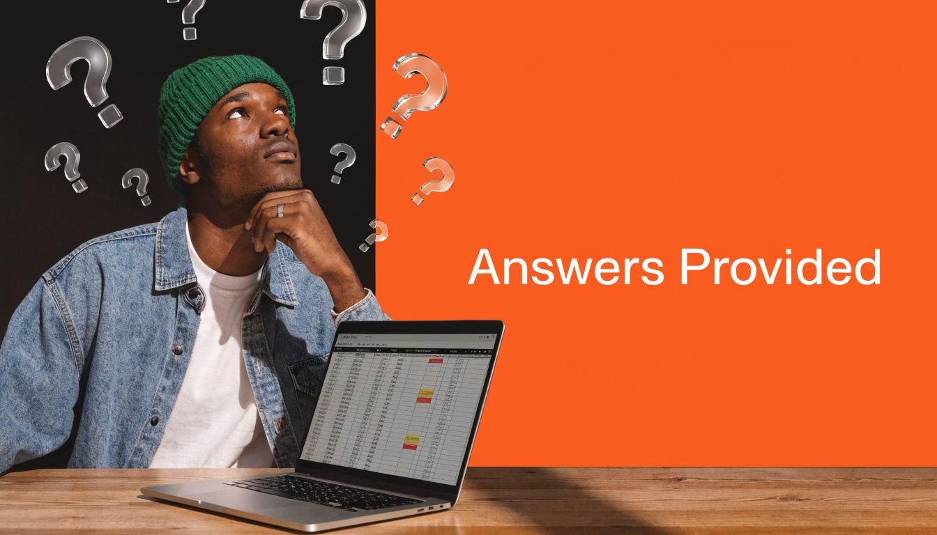 A young man with a green beanie pondering questions while looking at a laptop computer spreadsheet.