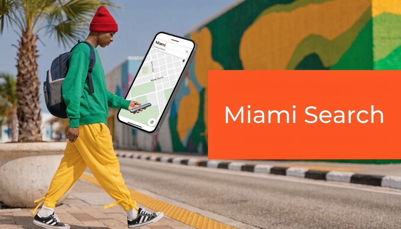 A young person with a backpack and red beanie walking near a colorful wall with a phone.