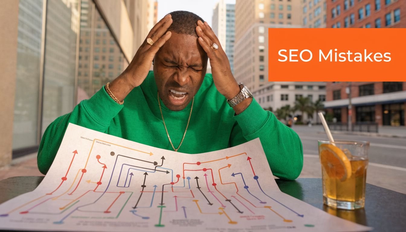 A frustrated man looking at a complex flowchart about SEO mistakes while sitting at a table.