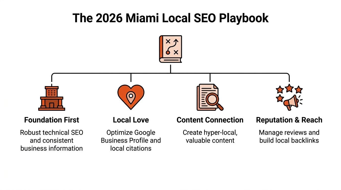 An infographic titled The 2026 Miami Local SEO Playbook outlining four key strategies for local search optimization.