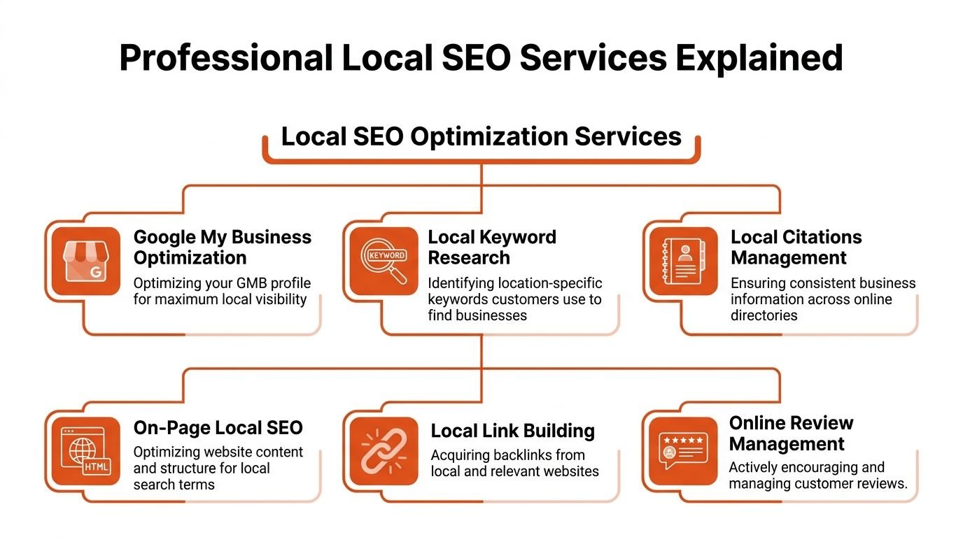A flowchart infographic outlining key professional local SEO optimization services like GMB, keywords, citations, and reviews.