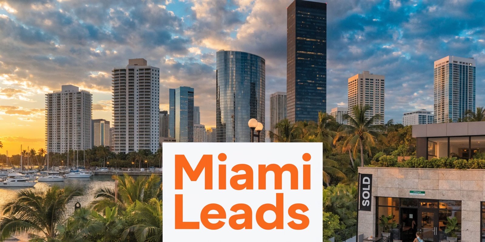 A scenic view of the Miami city skyline featuring tall buildings, a marina, and a beautiful sunset.