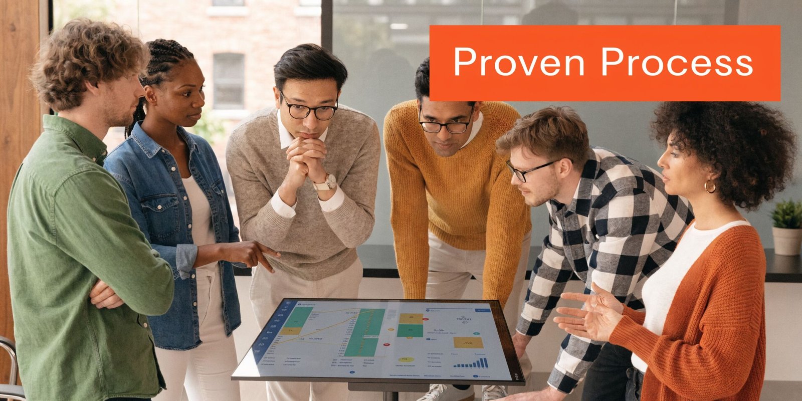 A diverse team of professionals collaboratively analyzing data on a digital touch screen table in an office.