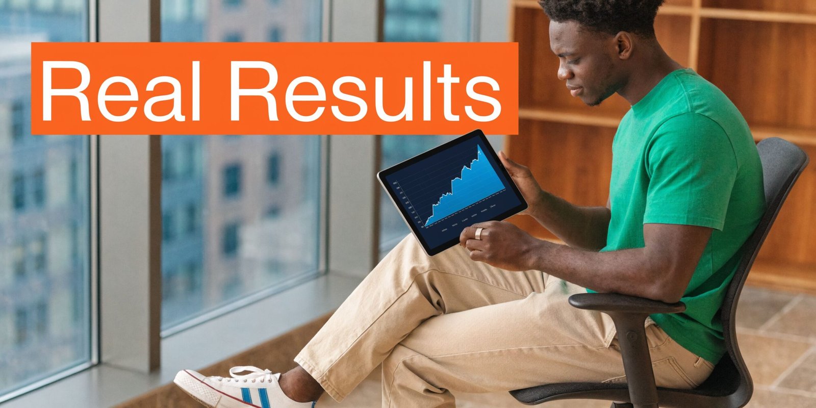 A young man sitting by a window reviewing financial growth charts on a digital tablet device.