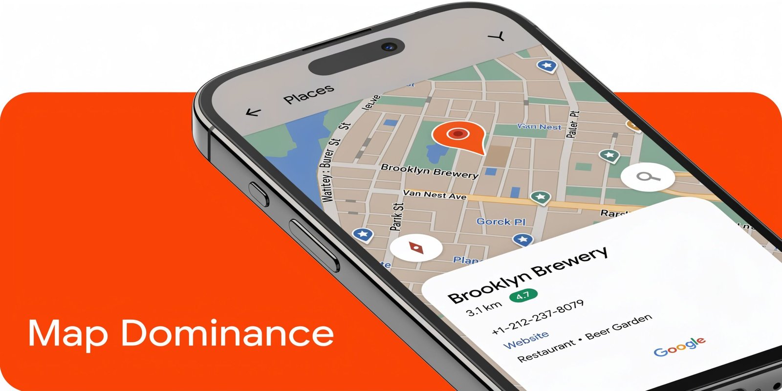 A smartphone screen displaying a local map application interface with Brooklyn Brewery business details and location markers.
