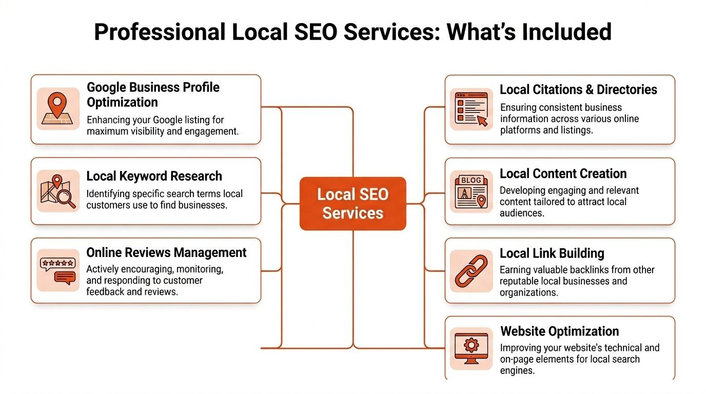A diagram outlining the key components of professional local SEO services including optimization, research, and content creation.