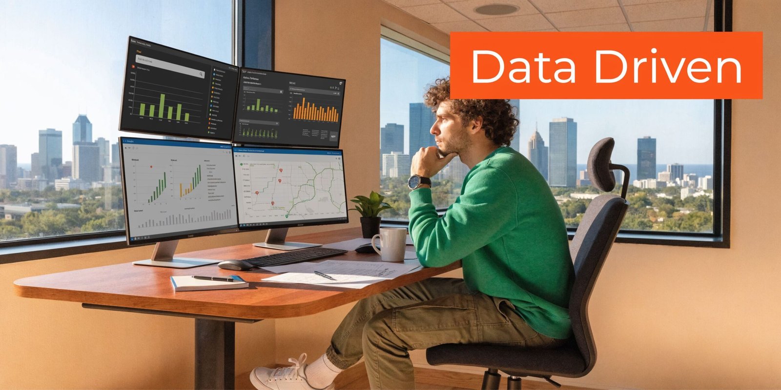 A professional working in a modern office with multiple computer monitors displaying analytical data and city views.