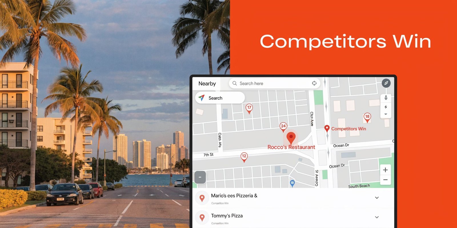 A digital map showing restaurant locations with search results displayed over a coastal city background.