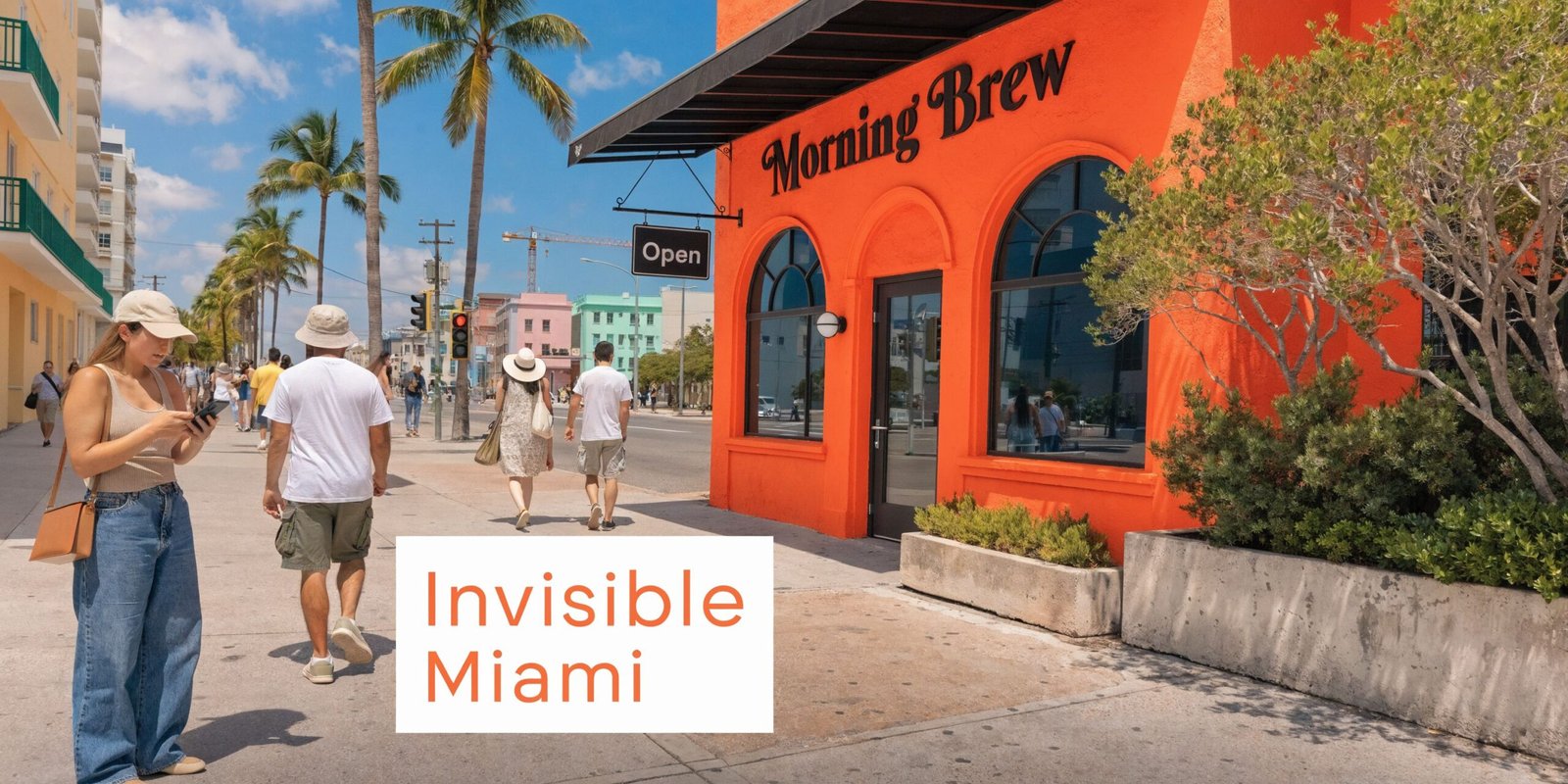 People walking on a sunlit Miami sidewalk in front of a bright orange Morning Brew coffee shop.