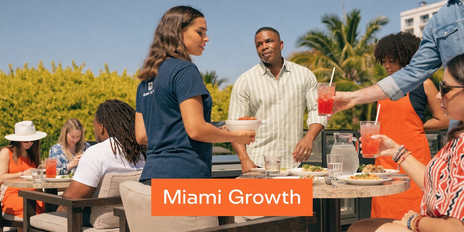 A diverse group of people enjoying an outdoor lunch on a sunny rooftop terrace in Miami.