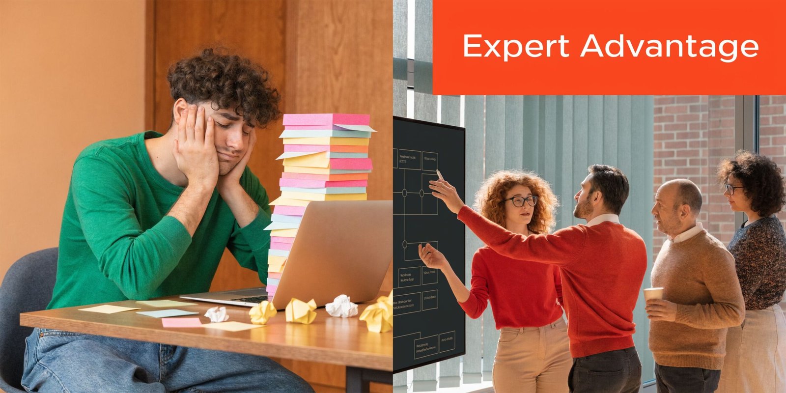 A split screen comparing a stressed employee working with many notes against a team collaborating professionally.