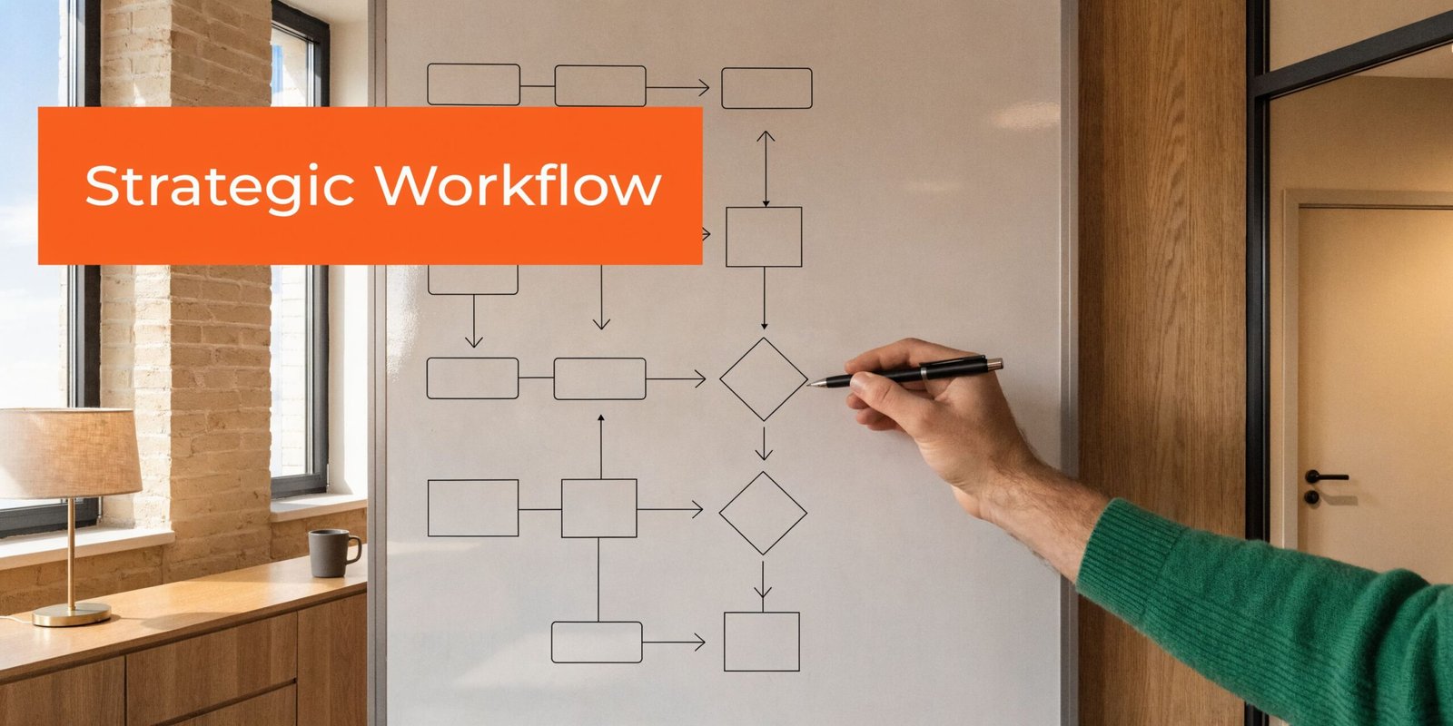 A person drawing a business process flowchart on a white board in a bright office setting.