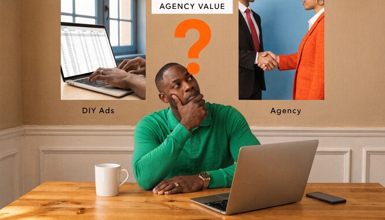 A man contemplating the choice between running DIY advertisements or hiring a professional marketing agency for business.