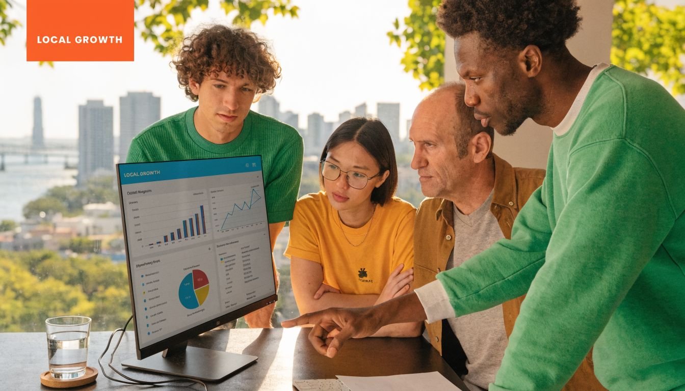 A diverse group of professionals collaborating on a business marketing project using data charts on a screen.