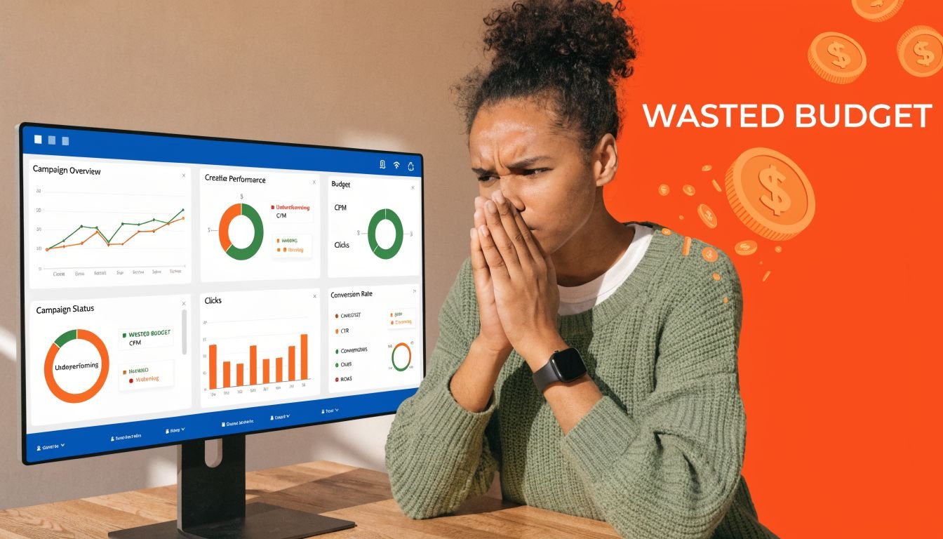 A concerned woman looking at a computer screen displaying analytics dashboard data about wasted advertising budgets.