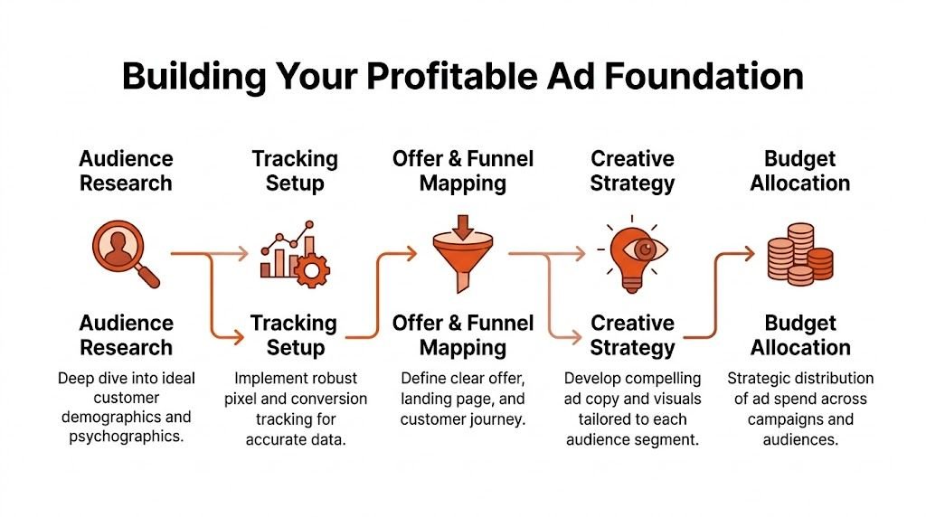 A five-step flowchart illustrating the essential components for building a profitable advertising foundation for business marketing.