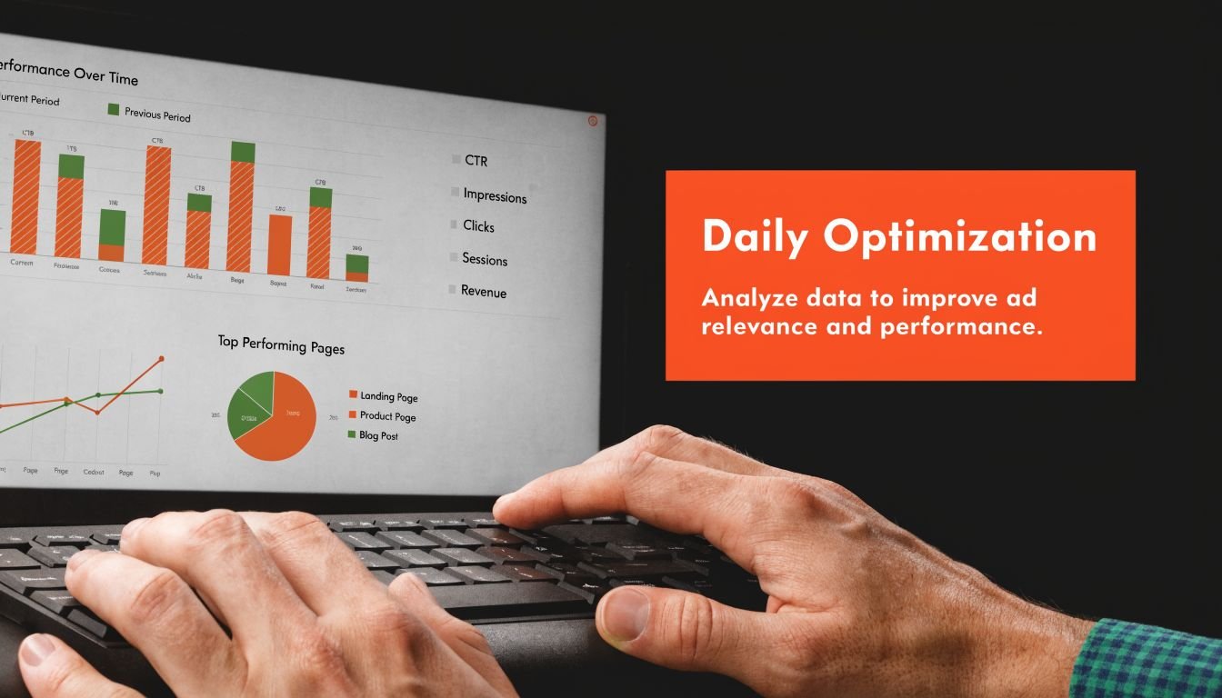 A professional analyzing website performance data on a computer screen to optimize digital advertising strategies.