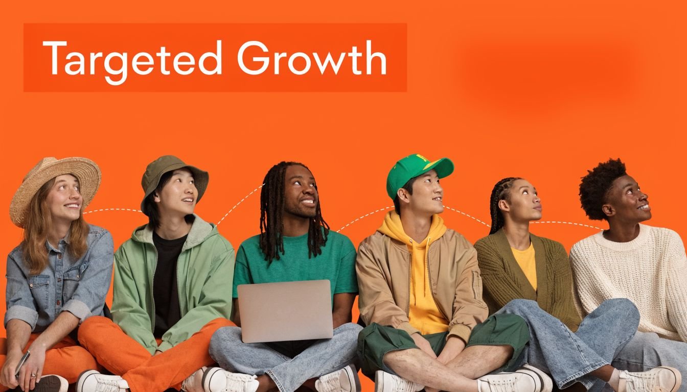 A diverse group of six young adults sitting together and looking up against an orange background.