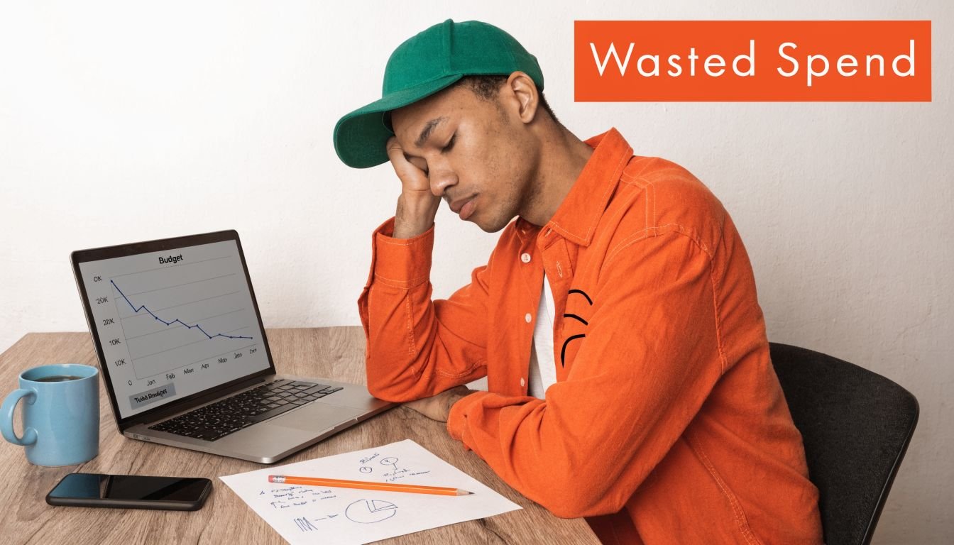 A tired man in an orange shirt looking stressed while working on his budget on a laptop.