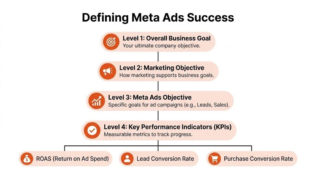 A hierarchical flowchart illustrating the four levels of defining successful Meta advertising campaigns for business goals.