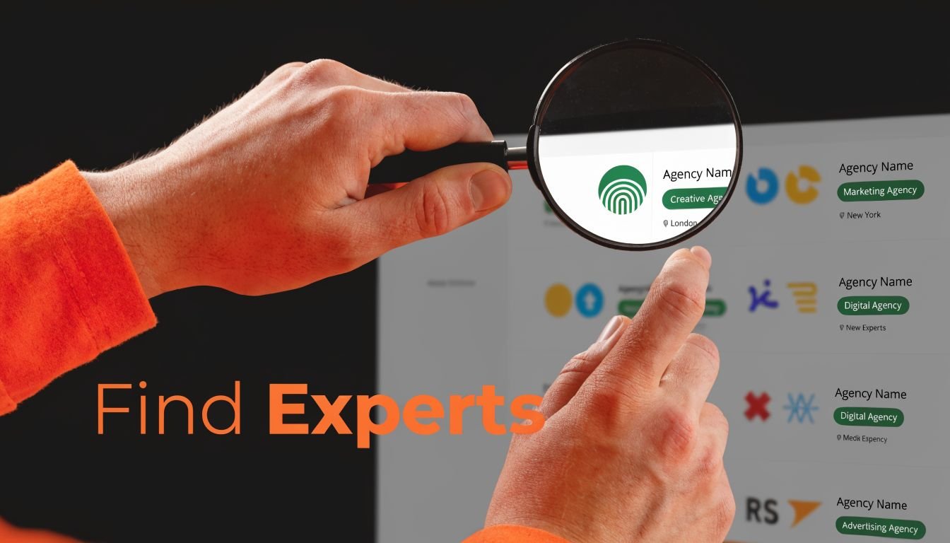 A hand holding a magnifying glass over a digital list of marketing and creative agency profiles.