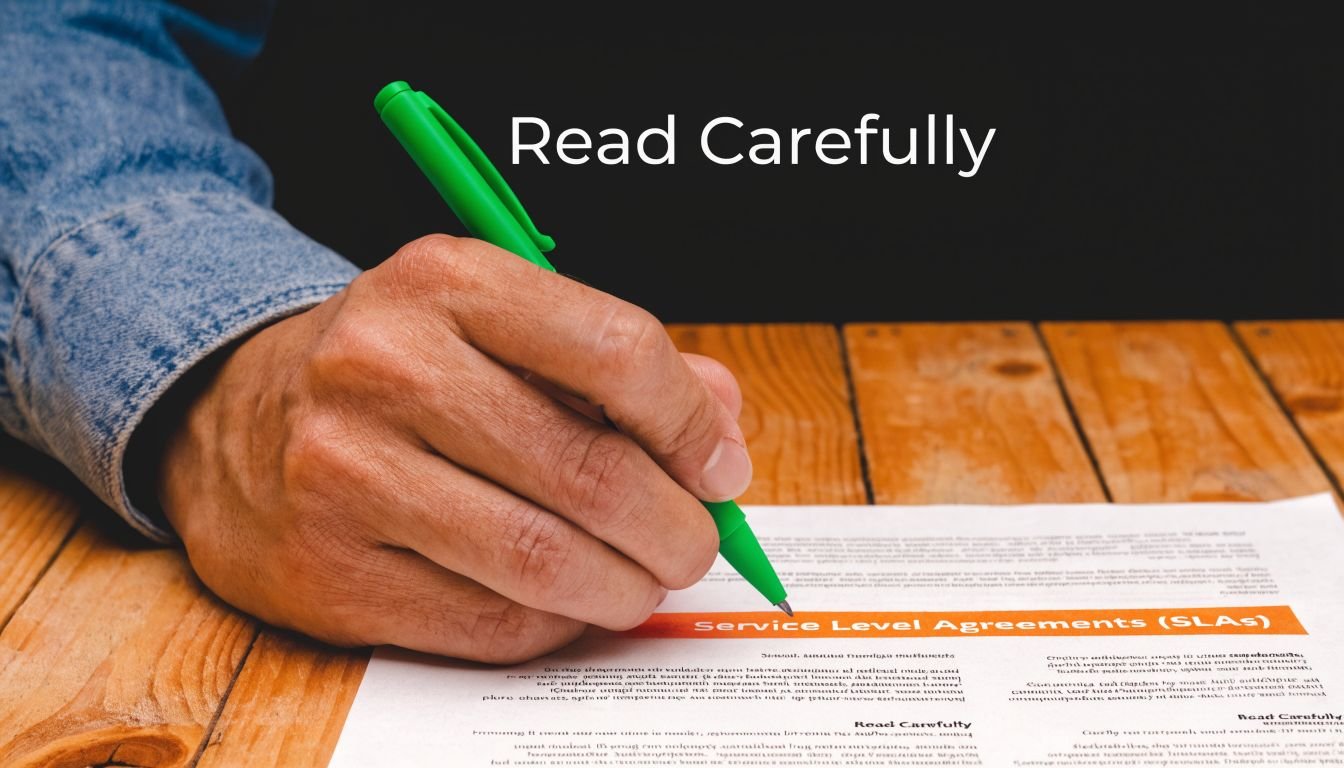 A close-up of a person's hand holding a green pen while reviewing service level agreements documentation.