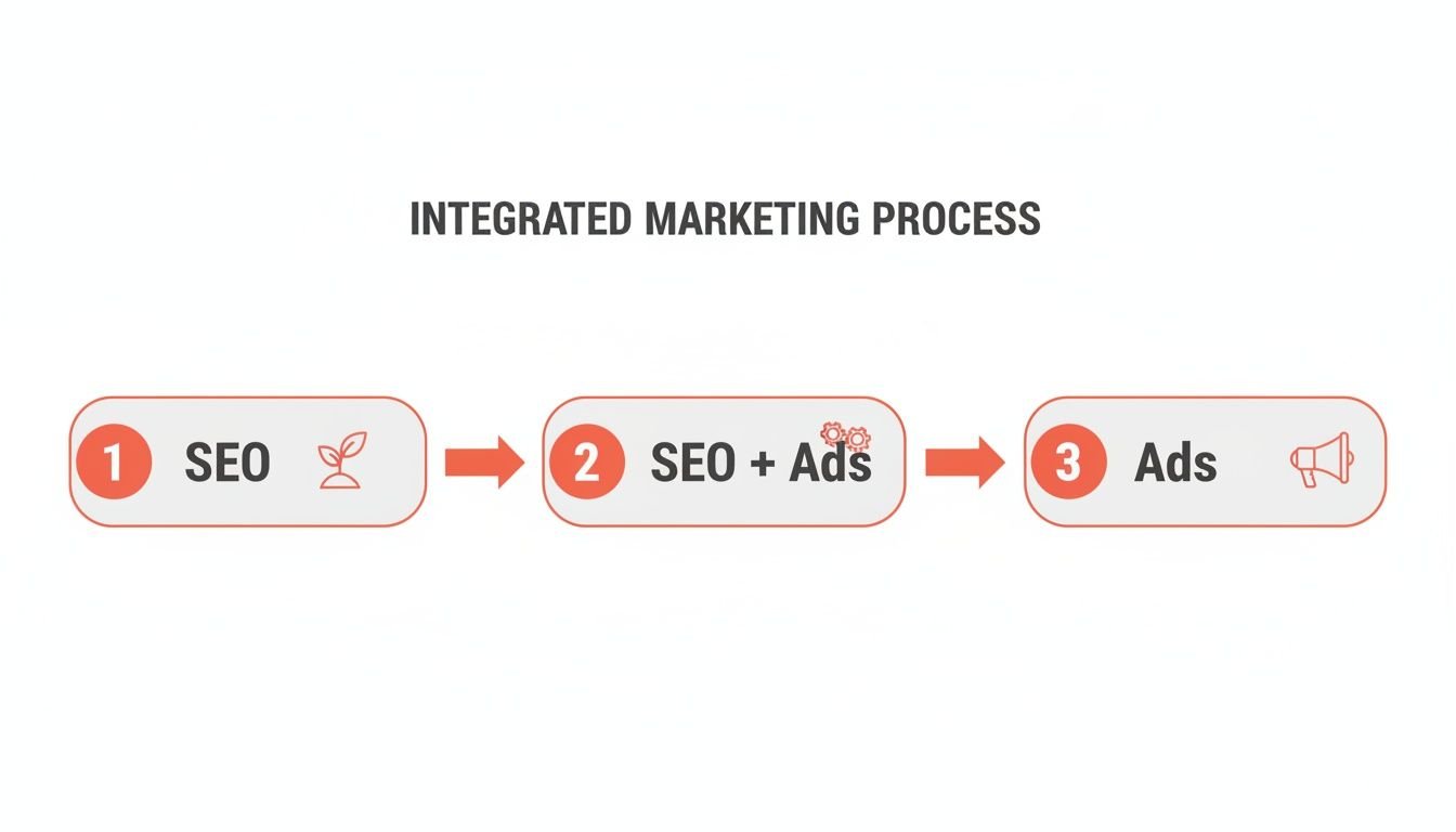 An integrated marketing process with three steps: SEO, SEO + Ads, and Ads.