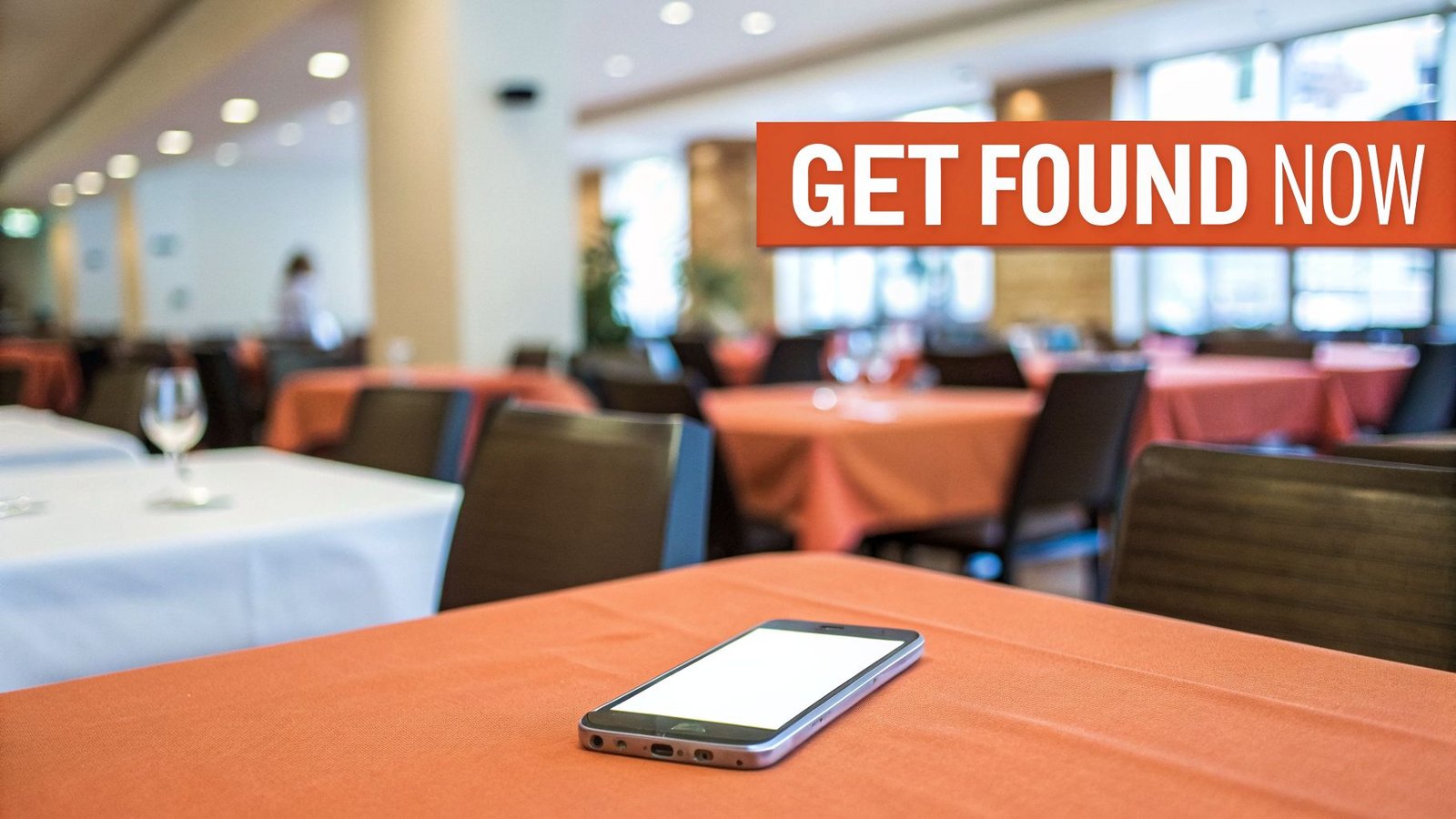 A smartphone lies on an orange table in a restaurant, with a 'GET FOUND NOW' banner overlay.