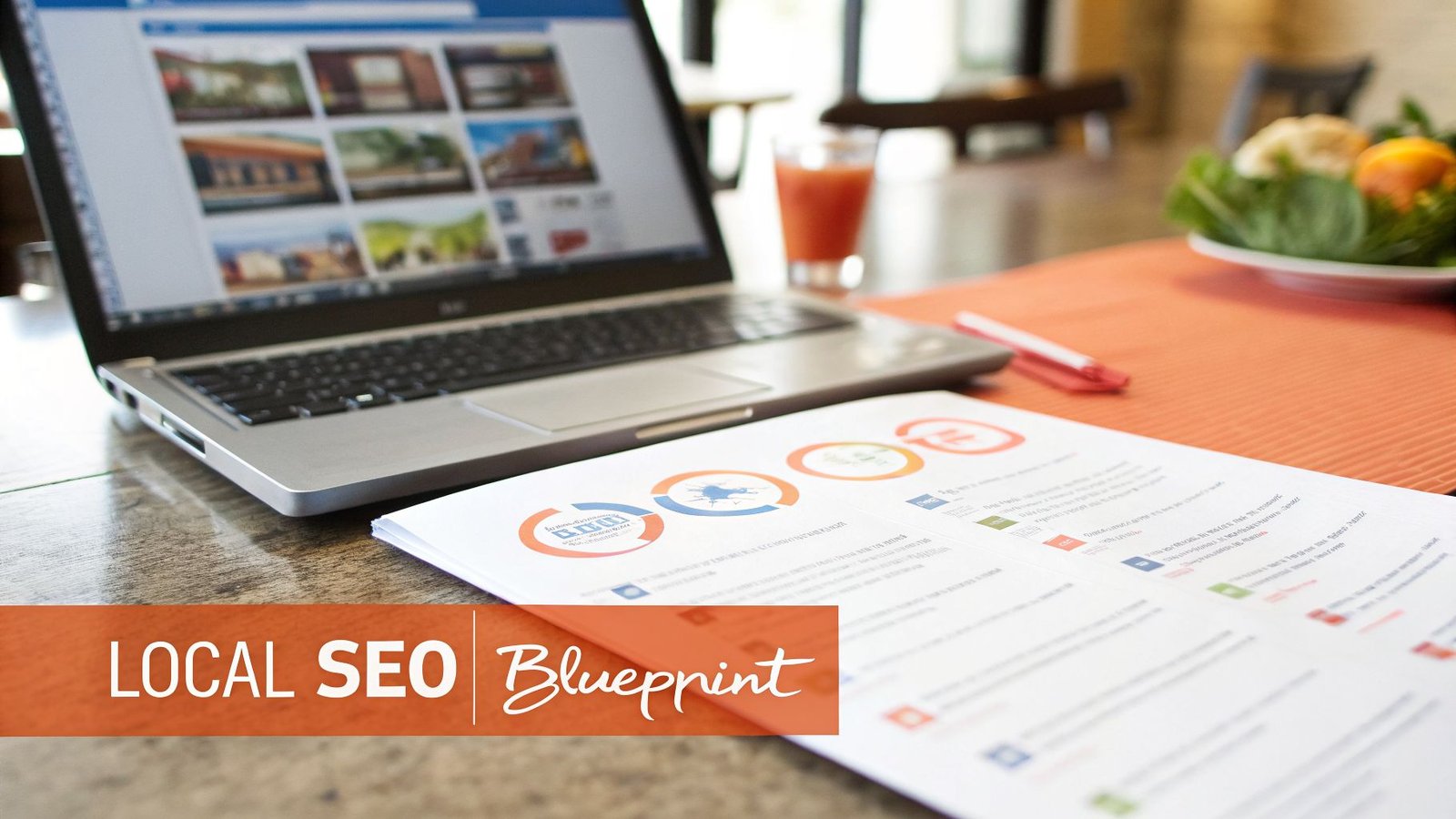 A laptop and documents with charts on local SEO, alongside a juice and pen on a table.