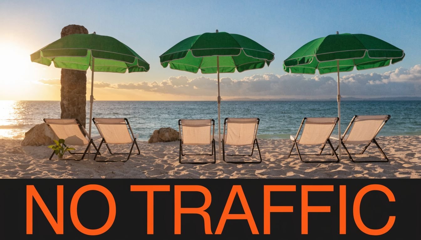 Three green beach umbrellas shading six chairs on a sandy beach at sunset in Miami.