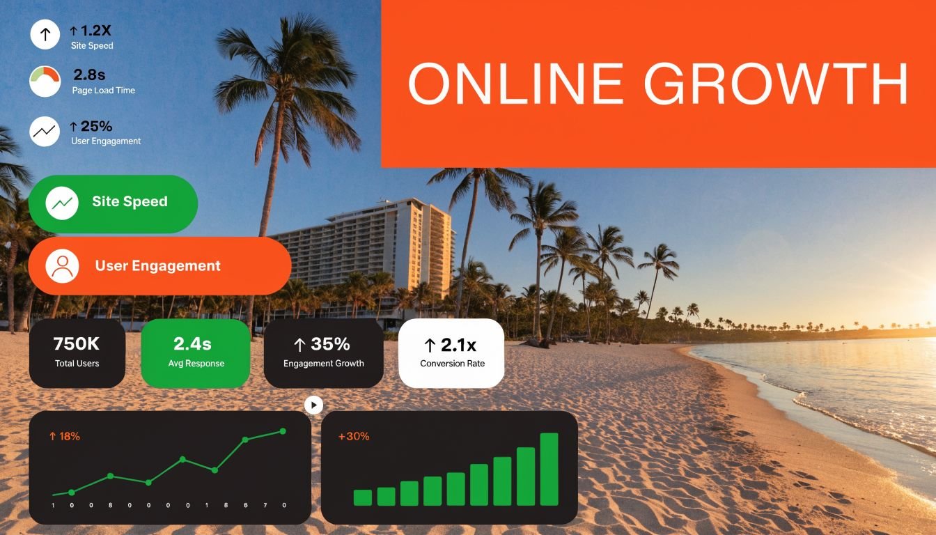 A digital dashboard showing metrics like site speed and user engagement set against a sunny Miami Beach background.