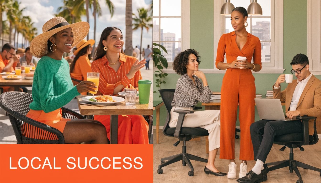 A split image showing diverse professionals enjoying lunch outdoors in Miami and collaborating in a modern office.