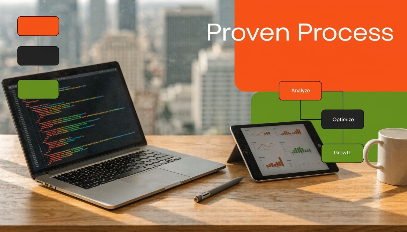 A professional workspace featuring a laptop with code, a tablet with analytics, and a proven process chart.