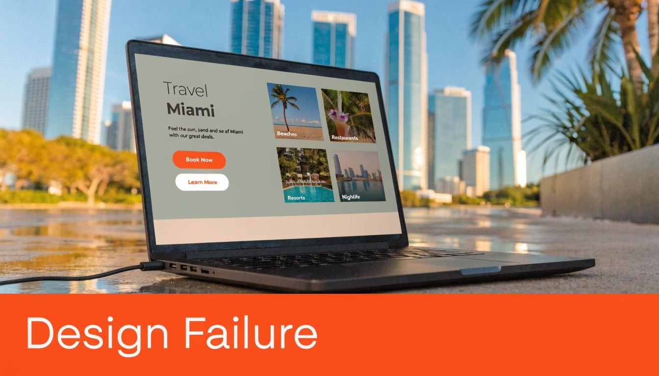 A laptop screen displaying a travel website for Miami sitting on a ledge near city buildings.