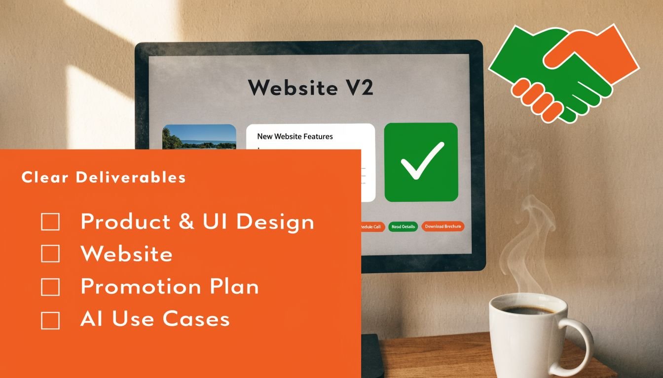 A digital graphic listing project deliverables including design, website, promotion plan, and AI use cases.